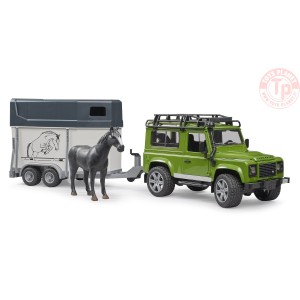 LAND ROVER DEFENDER STATION WAGON CON RIMORCHIO TRASPORTO CAVALLI BRUDER 02592 BRUDER