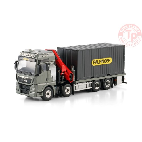 MAN TGX XXL EURO 6C (FACELIFT) RIGED FLATBED TRUCK 8X4 WITH PALFINGER PK 480 TEC + 20FT CONTAINER 1:50 WSI 04-2216 WSI MODELS