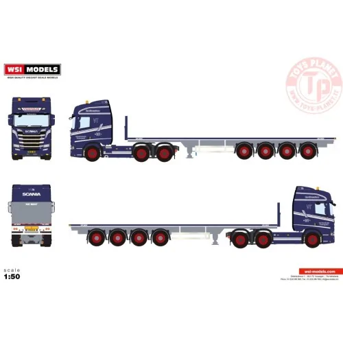 copy of SCANIA R HIGHLINE CR20H 6X2 TAG AXLE FLATBED TRAILER - 4 AXLE Vindelsbaek WSI 01-4626 WSI MODELS