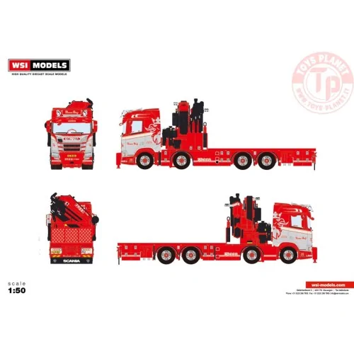 SCANIA R NORMAL CR20N 8X4 RIGED FLATBED TRUCK WITH FASSI 1100 + JIB Thomas Berg WSI 01-4444 WSI MODELS