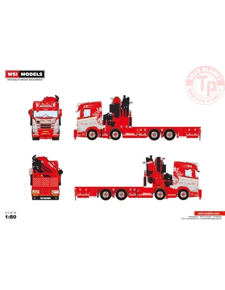 SCANIA R NORMAL CR20N 8X4 RIGED FLATBED TRUCK WITH FASSI 1100 + JIB Thomas Berg WSI 01-4444 WSI MODELS