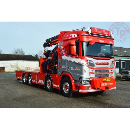 SCANIA R NORMAL CR20N 8X4 RIGED FLATBED TRUCK WITH FASSI 1100 + JIB Thomas Berg WSI 01-4444 WSI MODELS
