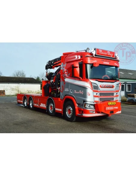 SCANIA R NORMAL CR20N 8X4 RIGED FLATBED TRUCK WITH FASSI 1100 + JIB Thomas Berg WSI 01-4444 WSI MODELS