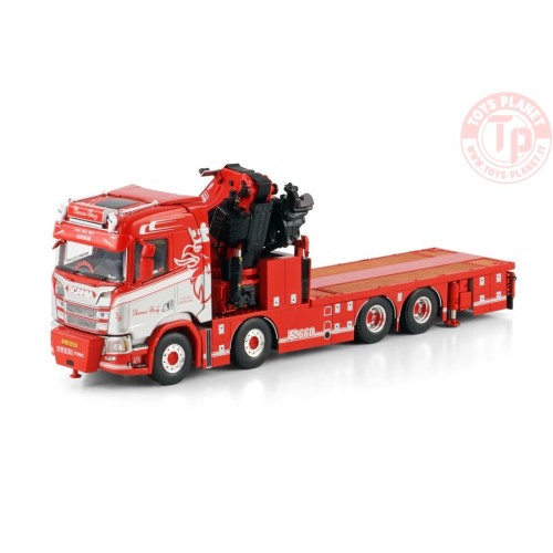 SCANIA R NORMAL CR20N 8X4 RIGED FLATBED TRUCK WITH FASSI 1100 + JIB Thomas Berg WSI 01-4444 WSI MODELS
