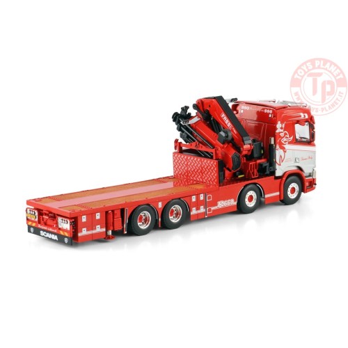 SCANIA R NORMAL CR20N 8X4 RIGED FLATBED TRUCK WITH FASSI 1100 + JIB Thomas Berg WSI 01-4444 WSI MODELS
