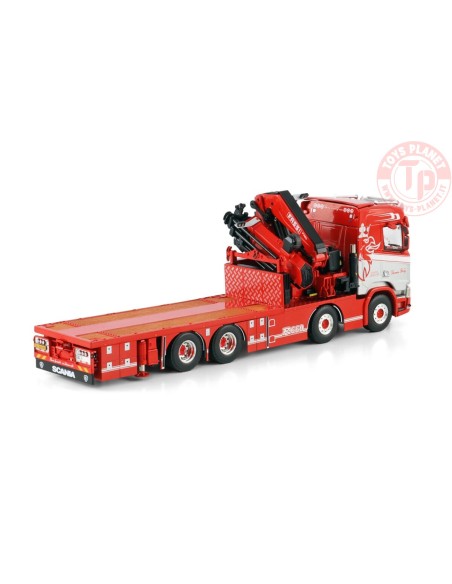 SCANIA R NORMAL CR20N 8X4 RIGED FLATBED TRUCK WITH FASSI 1100 + JIB Thomas Berg WSI 01-4444 WSI MODELS