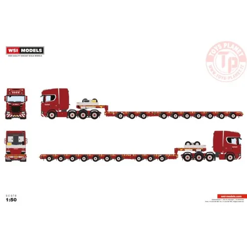 SCANIA S HIGHLINE CS20H 8X4 MANOOVR WITH 3 AXLE DOLLY - 7 AXLE Nooteboom Red Line WSI 6073364 WSI MODELS