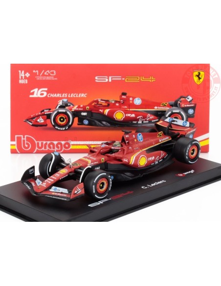 1/43 FERRARI F1 SF-24 TEAM SCUDERIA FERRARI N 16 WINNER ITALY MONZA GP 2024 CHARLES LECLERC CON PILOTA E VETRINA BURAGO 18-36...
