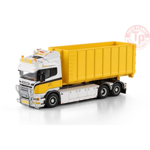 SCANIA R6 HIGHLINE RIGED TRUCK WITH HOOKLIFT SYSTEM 6X2 TAG AXLE + 40M3 CONTAINER Lenz Gerüstbau WSI 01-4716 WSI MODELS