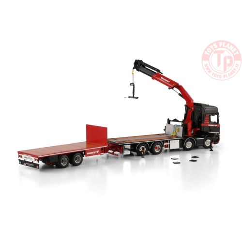 1/50 SCANIA R HIGHLINE CR20H 8X2 TAG AXLE RIGED FLATBED TRUCK DRAWBAR TRAILER - 6 AXLE WITH PALFINGER PK 370 TEC Mammoet WSI ...
