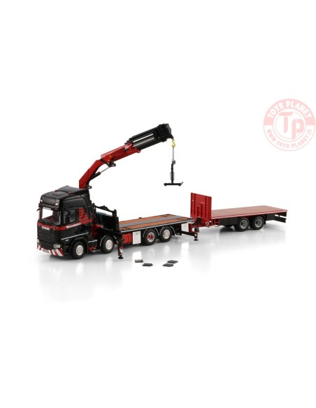 1/50 SCANIA R HIGHLINE CR20H 8X2 TAG AXLE RIGED FLATBED TRUCK DRAWBAR TRAILER - 6 AXLE WITH PALFINGER PK 370 TEC Mammoet WSI ...