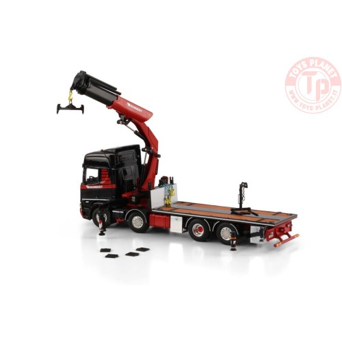 1/50 SCANIA R HIGHLINE CR20H 8X2 TAG AXLE RIGED FLATBED TRUCK DRAWBAR TRAILER - 6 AXLE WITH PALFINGER PK 370 TEC Mammoet WSI ...