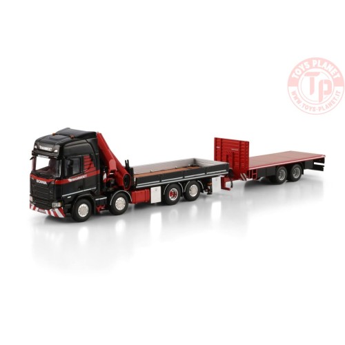 1/50 SCANIA R HIGHLINE CR20H 8X2 TAG AXLE RIGED FLATBED TRUCK DRAWBAR TRAILER - 6 AXLE WITH PALFINGER PK 370 TEC Mammoet WSI ...