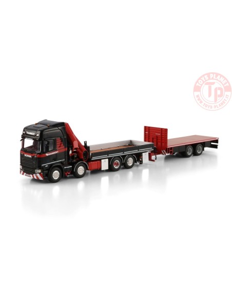 1/50 SCANIA R HIGHLINE CR20H 8X2 TAG AXLE RIGED FLATBED TRUCK DRAWBAR TRAILER - 6 AXLE WITH PALFINGER PK 370 TEC Mammoet WSI ...