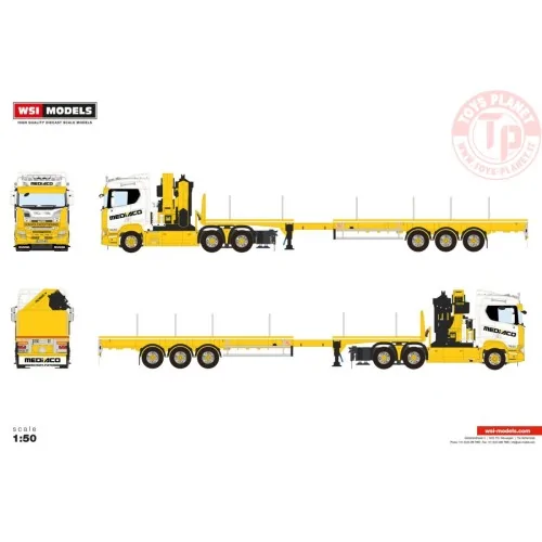 SCANIA R NORMAL CR20N 6X4 FLATBED TRAILER - 3 AXLE WITH PALFINGER PK 65002 SH + JIB Mediaco WSI 01-4754 WSI MODELS