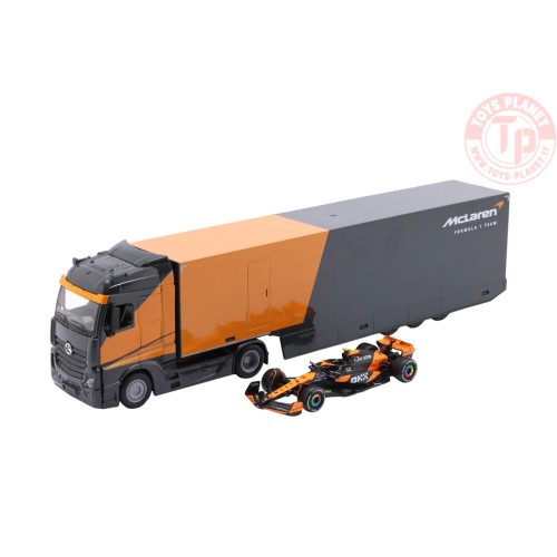 1/43 MERCEDES BENZ ACTROS 2 GIGASPACE TRUCK CAR TRANSPORTER WITH F1 McLAREN MCL38 TEAM MCLAREN N 4 SEASON 2024 LANDO NORRIS B...
