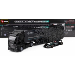 1/43 MB ACTROS 2 CAR TRANSPORTER WITH F1 MERCEDES GP W15 TEAM MERCEDES-AMG PETRONAS FORMULA ONE N 63 SEASON 2024 GEORGE RUSSE...
