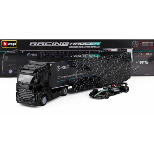 1/43 MB ACTROS 2 CAR TRANSPORTER WITH F1 MERCEDES GP W15 TEAM MERCEDES-AMG PETRONAS FORMULA ONE N 63 SEASON 2024 GEORGE RUSSE...