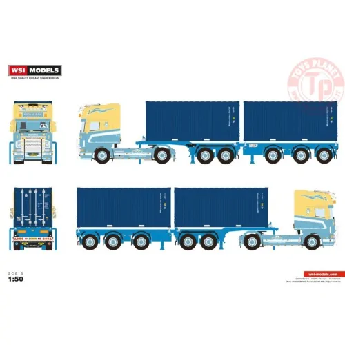 SCANIA 4 SERIES TOPLINE 4X2 2CONNECT COMBI TRAILER - 5 AXLE + 2X 20FT CONTAINER - John v.d. Made WSI 01-4740 WSI MODELS