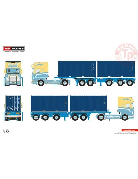 SCANIA 4 SERIES TOPLINE 4X2 2CONNECT COMBI TRAILER - 5 AXLE + 2X 20FT CONTAINER - John v.d. Made WSI 01-4740 WSI MODELS SCANIA 4 SERIES TOPLINE 4X2 2CONNECT COMBI TRAILER - 5 AXLE + 2X 20FT CONTAINER - John v.d. Made WSI 01-4740 WSI MODELS