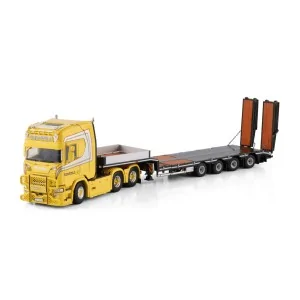 SCANIA R HIGHLINE CR20H 6X4 SEMI LOW LOADER WITH RAMPS - 4 AXLE Nordbø Maskin WSI 01-4875 WSI MODELS