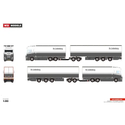 1/50 De Lindenborg SCANIA S HIGHLINE CS20H RIGED REEFER TRUCK 6X2 TAG AXLE REEFER TRAILER - 3 AXLE + LZV DOLLY LOW WSI 01-521...