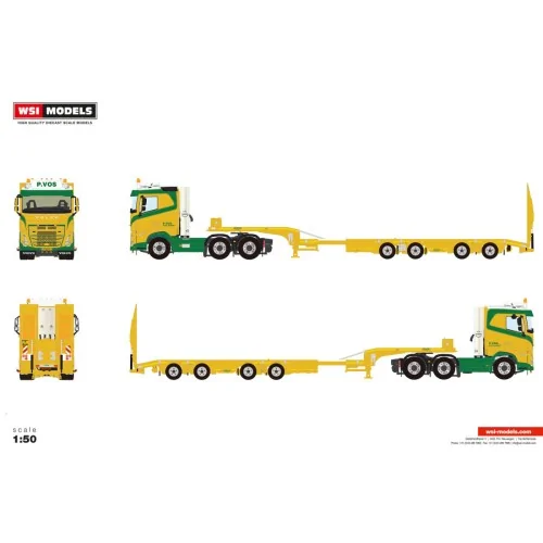 1/50 P. Vos VOLVO FH5 MY2024 SLEEPER CAB 6X2 TWIN STEER SEMI WHEEL WELL LOW LOADER - 4 AXLE WSI 01-5339 WSI MODELS
