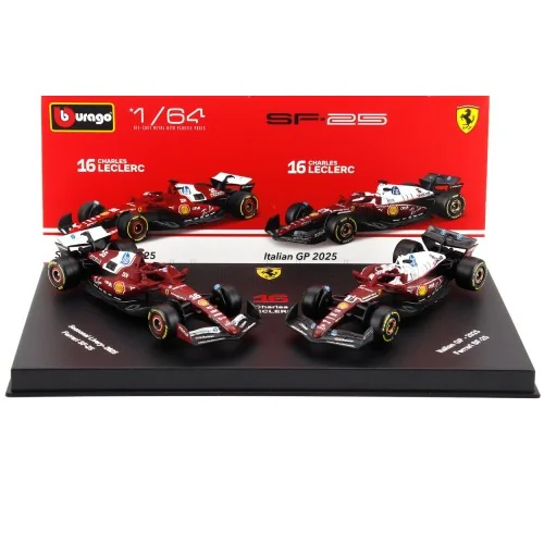 1/64 FERRARI SET F1 2X SF-25 TEAM SCUDERIA FERRARI HP N 16 SEASON 2025 CHARLES LECLERC + 4th MONZA ITALY GP 2025 CON VETRINA ...