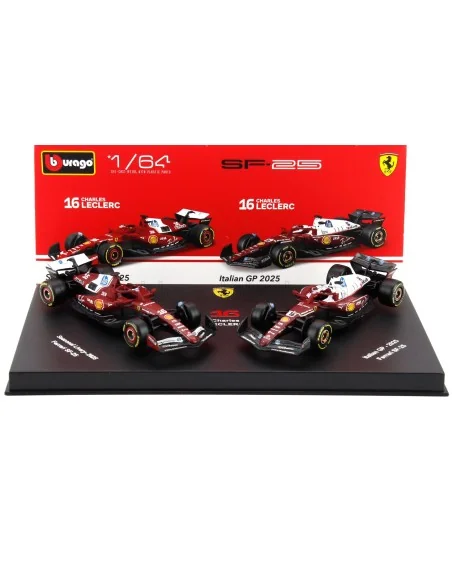 1/64 FERRARI SET F1 2X SF-25 TEAM SCUDERIA FERRARI HP N 16 SEASON 2025 CHARLES LECLERC + 4th MONZA ITALY GP 2025 CON VETRINA ...