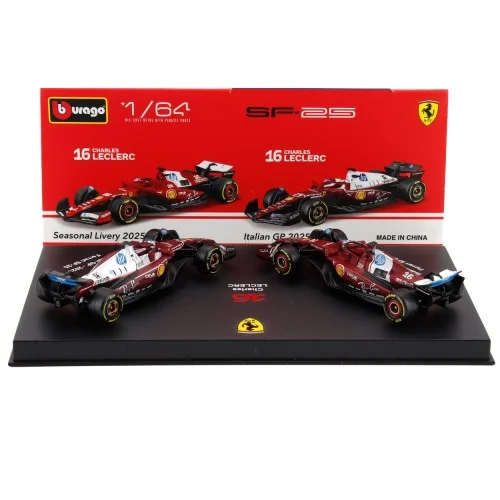 1/64 FERRARI SET F1 2X SF-25 TEAM SCUDERIA FERRARI HP N 16 SEASON 2025 CHARLES LECLERC + 4th MONZA ITALY GP 2025 CON VETRINA ...