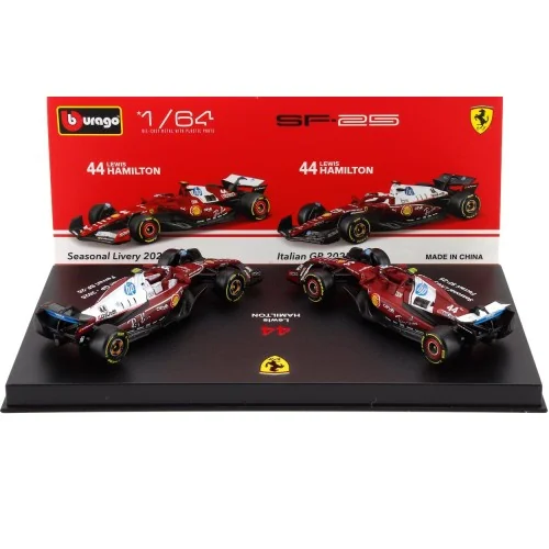 1/64 FERRARI SET F1 2X SF-25 TEAM SCUDERIA FERRARI HP N 44 SEASON 2025 LEWIS HAMILTON + MONZA ITALY GP 2025 - CON VETRINA BUR...