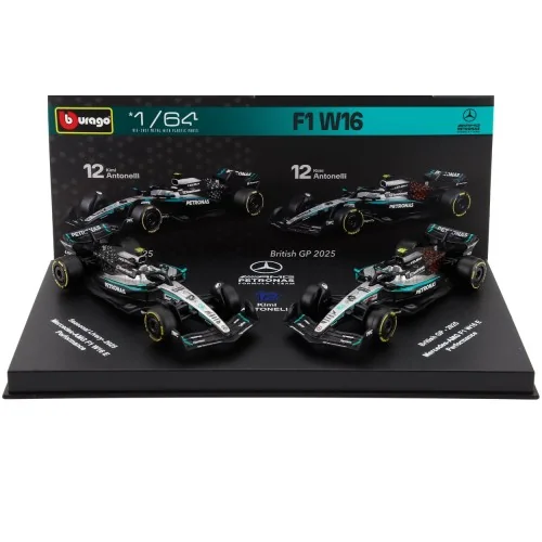 1/64 MERCEDES GP SET F1 2X W16 TEAM AMG PETRONAS MOTORSPORT N 12 SEASON 2025 ANDREA KIMI ANTONELLI + BRITISH GP 2025 CON VETR...