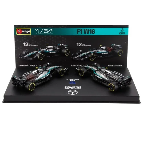 1/64 MERCEDES GP SET F1 2X W16 TEAM AMG PETRONAS MOTORSPORT N 12 SEASON 2025 ANDREA KIMI ANTONELLI + BRITISH GP 2025 CON VETR...
