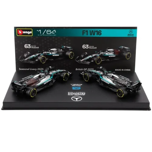 1/64 MERCEDES GP SET F1 2X W16 TEAM AMG PETRONAS MOTORSPORT N 63 SEASON 2025 GEORGE RUSSELL + GP BRITISH 2025 - CON VETRINA B...