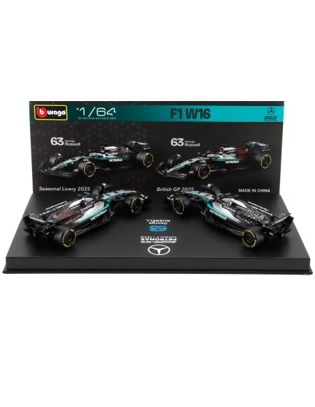 1/64 MERCEDES GP SET F1 2X W16 TEAM AMG PETRONAS MOTORSPORT N 63 SEASON 2025 GEORGE RUSSELL + GP BRITISH 2025 - CON VETRINA B... 1/64 MERCEDES GP SET F1 2X W16 TEAM AMG PETRONAS MOTORSPORT N 63 SEASON 2025 GEORGE RUSSELL + GP BRITISH 2025 - CON VETRINA B...