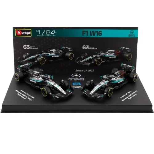 1/64 MERCEDES GP SET F1 2X W16 TEAM AMG PETRONAS MOTORSPORT N 63 SEASON 2025 GEORGE RUSSELL + GP BRITISH 2025 - CON VETRINA B...