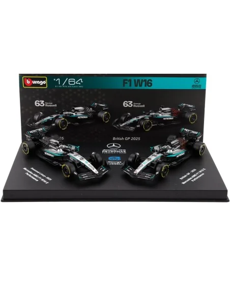 1/64 MERCEDES GP SET F1 2X W16 TEAM AMG PETRONAS MOTORSPORT N 63 SEASON 2025 GEORGE RUSSELL + GP BRITISH 2025 - CON VETRINA B...