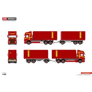 1/50 Top Trans b.v. SCANIA R HIGHLINE CR20H 6X2 TAG AXLE RIGED TRUCK DRAWBAR WITH HOOKLIFT SYSTEM - 3 AXLE + 2X 40M3 CONTAINE...