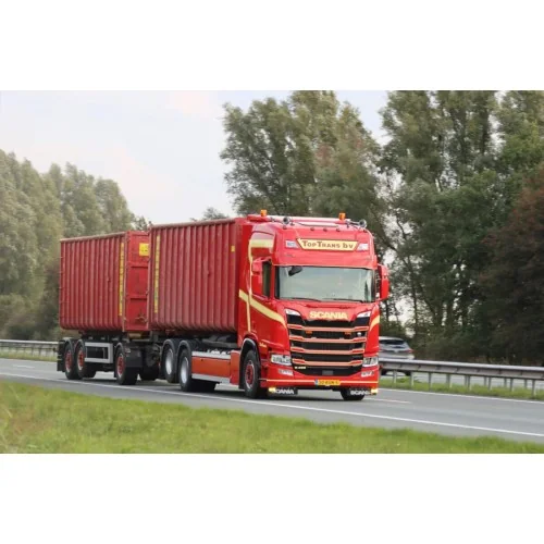 1/50 Top Trans b.v. SCANIA R HIGHLINE CR20H 6X2 TAG AXLE RIGED TRUCK DRAWBAR WITH HOOKLIFT SYSTEM - 3 AXLE + 2X 40M3 CONTAINE...
