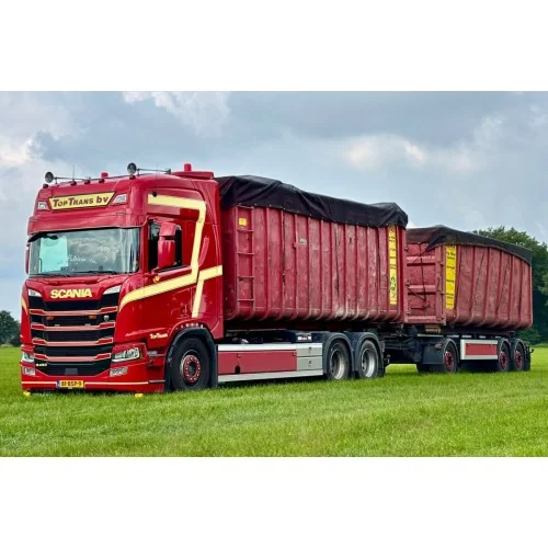 1/50 Top Trans b.v. SCANIA R HIGHLINE CR20H 6X2 TAG AXLE RIGED TRUCK DRAWBAR WITH HOOKLIFT SYSTEM - 3 AXLE + 2X 40M3 CONTAINE...